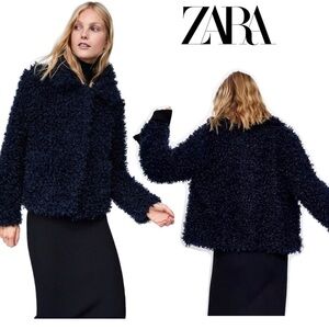 Zara navy blue faux shearling fur teddy jacket coat Sz S